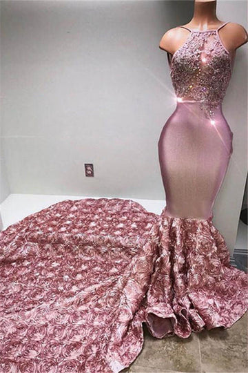 GORGEOUS HALTER MERMAID PINK PROM PARTY GOWNS EVENING DRESSES HZ1023